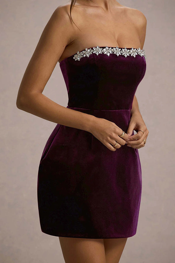 Elegant Velvet Jewel Embellished Trim Bandeau Mini Dress