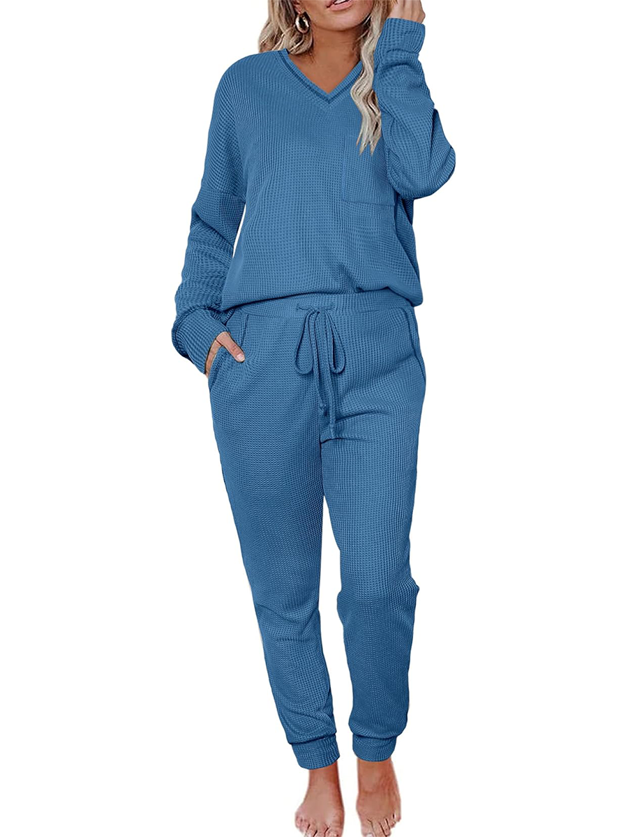 V Neck Waffle Knit Sleepwear Top and Pant Lounge Sets