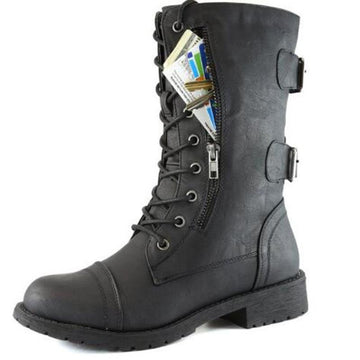 Women Lace up Mid Calf Hide Credit Card Knife Money Wallet Extra Pocket Military Combat Boots