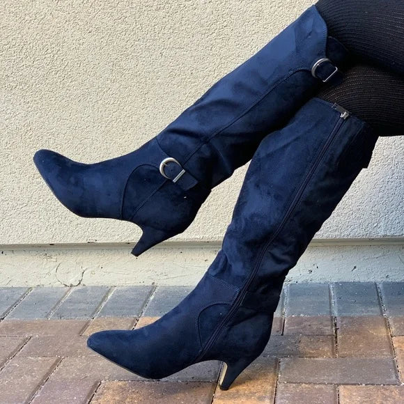 Women’s Adjustable Wide Calf Kitten Heel Knee High Boots