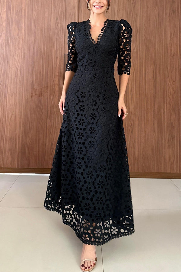 Crochet Floral Lace Puff Sleeve Lined Maxi Dress