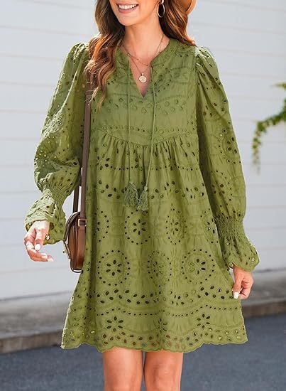 Neckline Long Sleeve A-Line Hollow Lace Pleated Dress