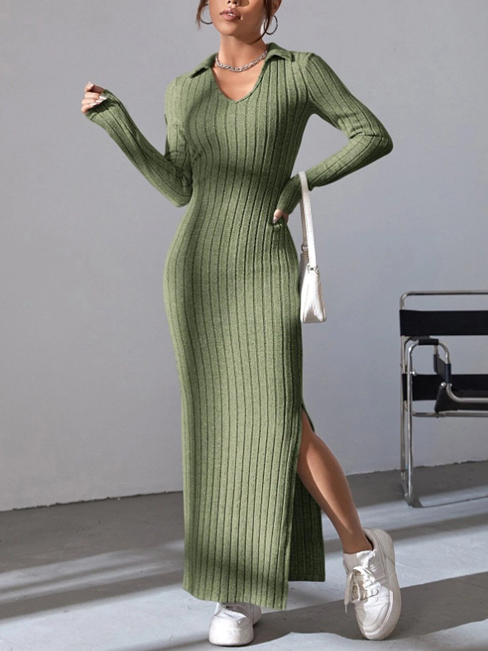 Knitted Fitted Lapel Long Sleeve Ribbed Dress