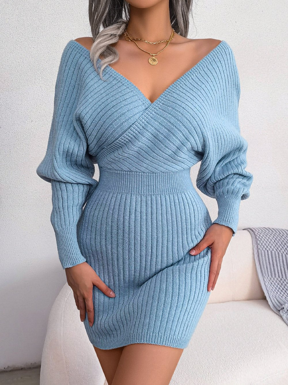 Women's Bodycon Knit Sweater Dress Sexy Wrap V Neck Bag Hip Dress