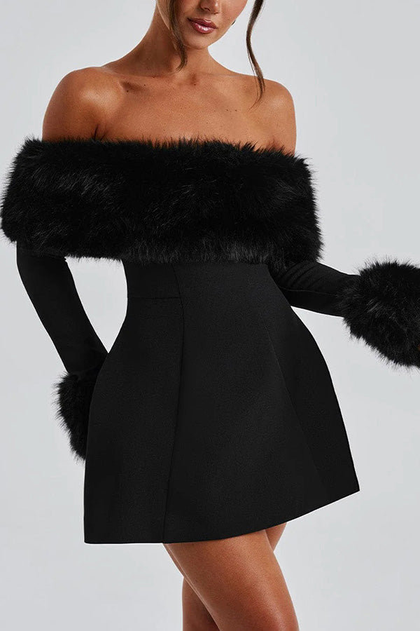 Faux Fur Trim Off Shoulder Bubble Shaped Mini Dress