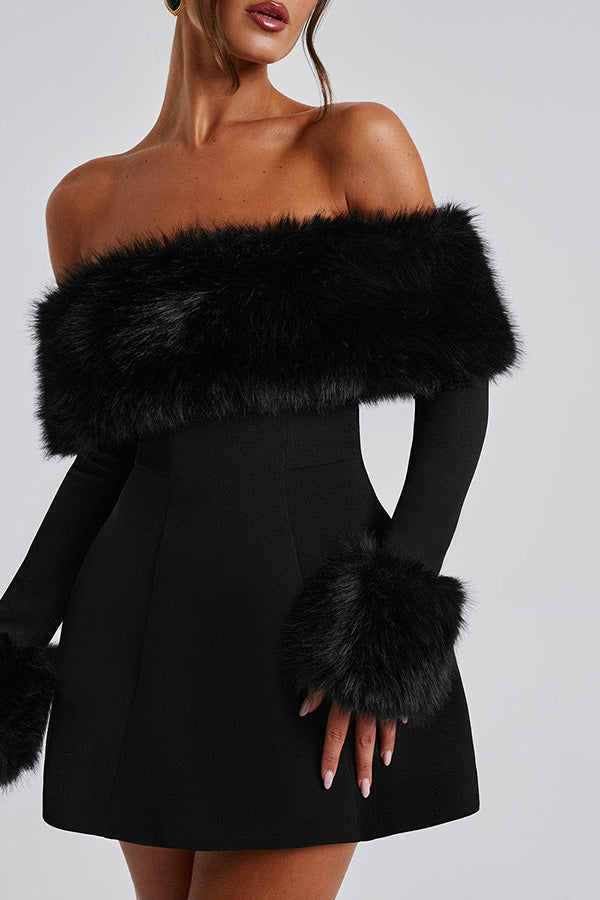 Faux Fur Trim Off Shoulder Bubble Shaped Mini Dress