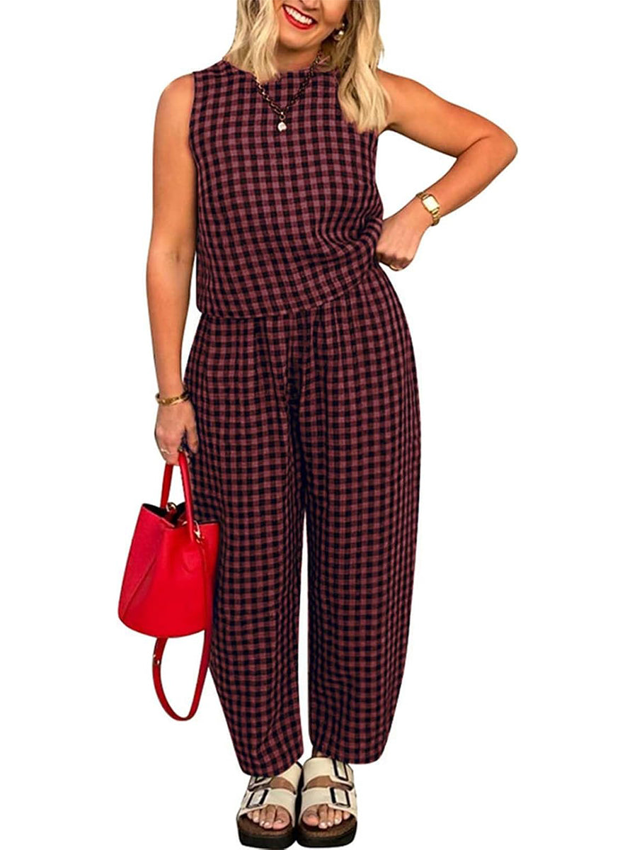 Women's Gingham Sleeveless Tank Top & Barrel Pants Set