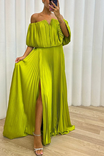 Shelley Pleated Off Shoulder Elastic Waist Slit Maxi Dress