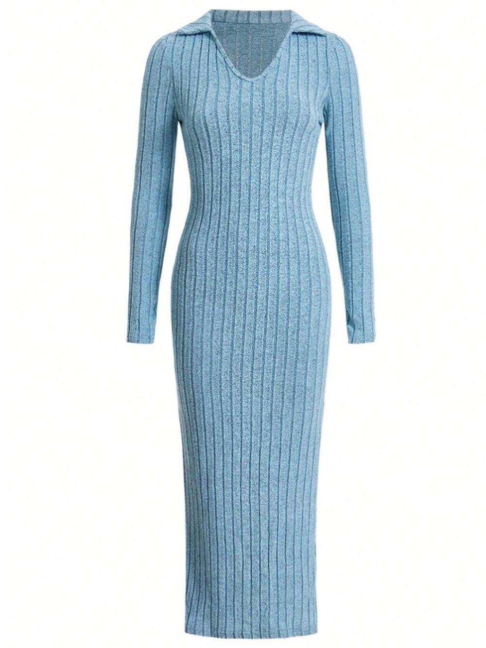 Knitted Fitted Lapel Long Sleeve Ribbed Dress