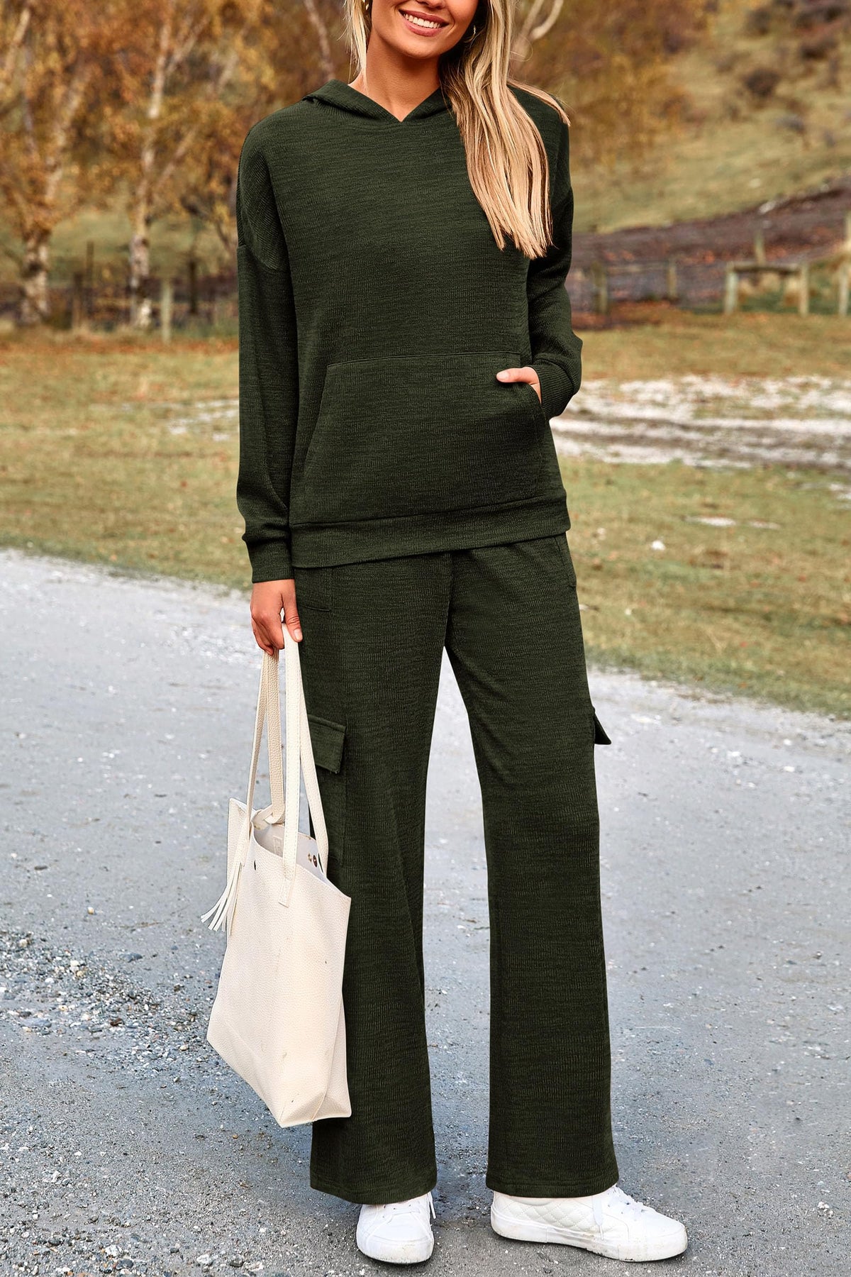 Women's Knitted Hoodie And Cargo Pants Lounge Sets