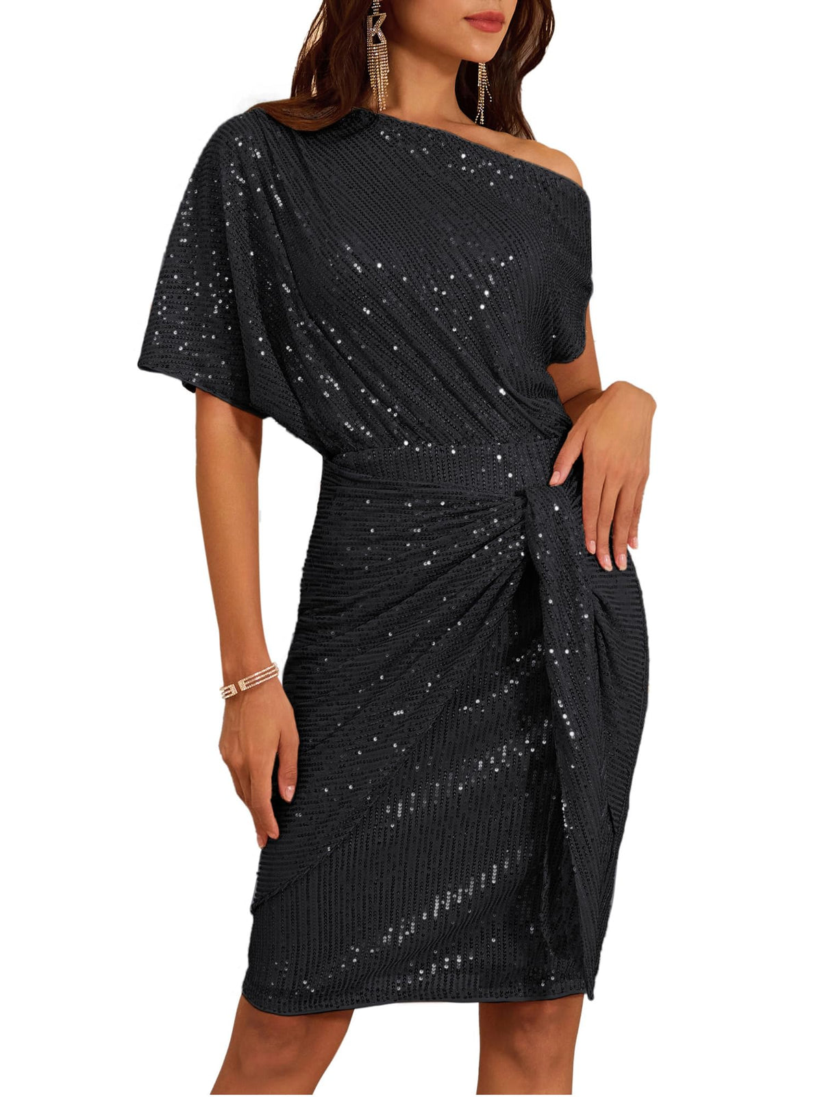 Women's Sequin Sparkly Glitter One Shoulder Ruched Bodycon Dress