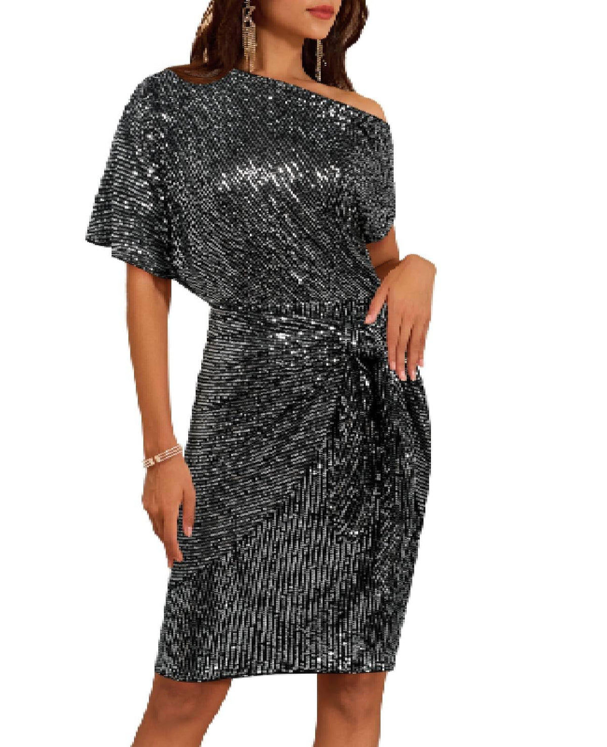 Women's Sequin Sparkly Glitter One Shoulder Ruched Bodycon Dress