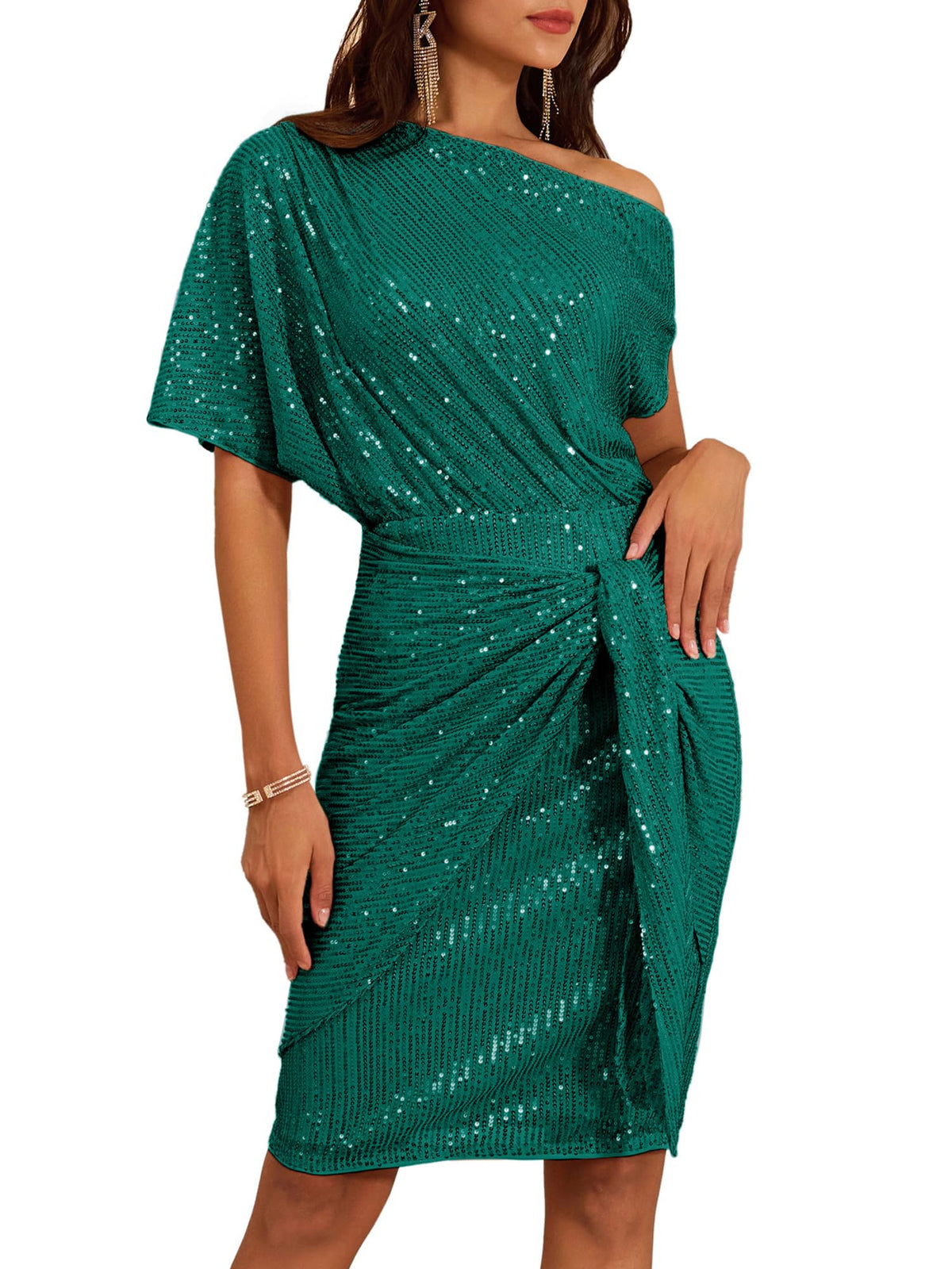 Women's Sequin Sparkly Glitter One Shoulder Ruched Bodycon Dress