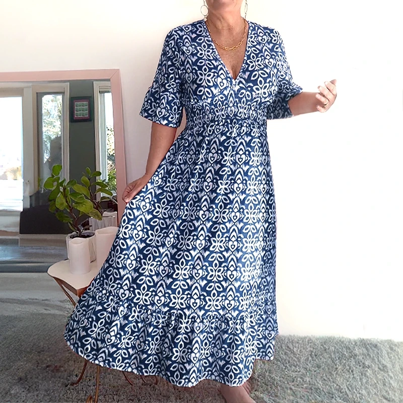 Bohemian Casual Print V-neck Waist Wrap Long Dress