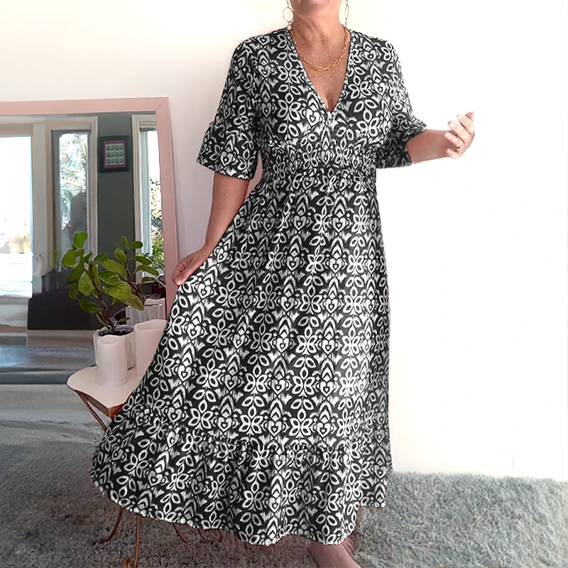 Bohemian Casual Print V-neck Waist Wrap Long Dress