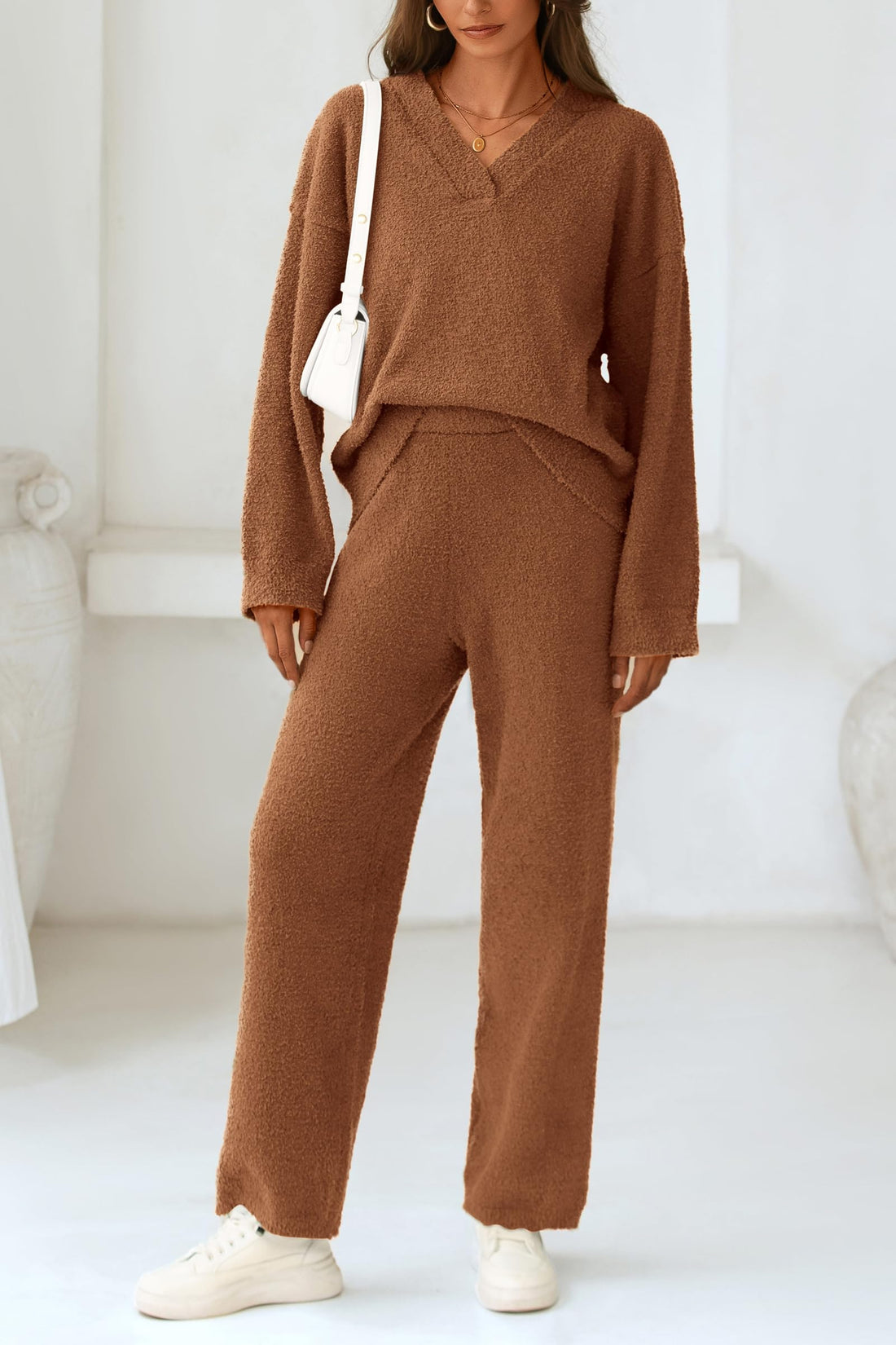 Women's 2 Piece Oversized V Neck Pullover Sweater Fuzzy Lounge Set