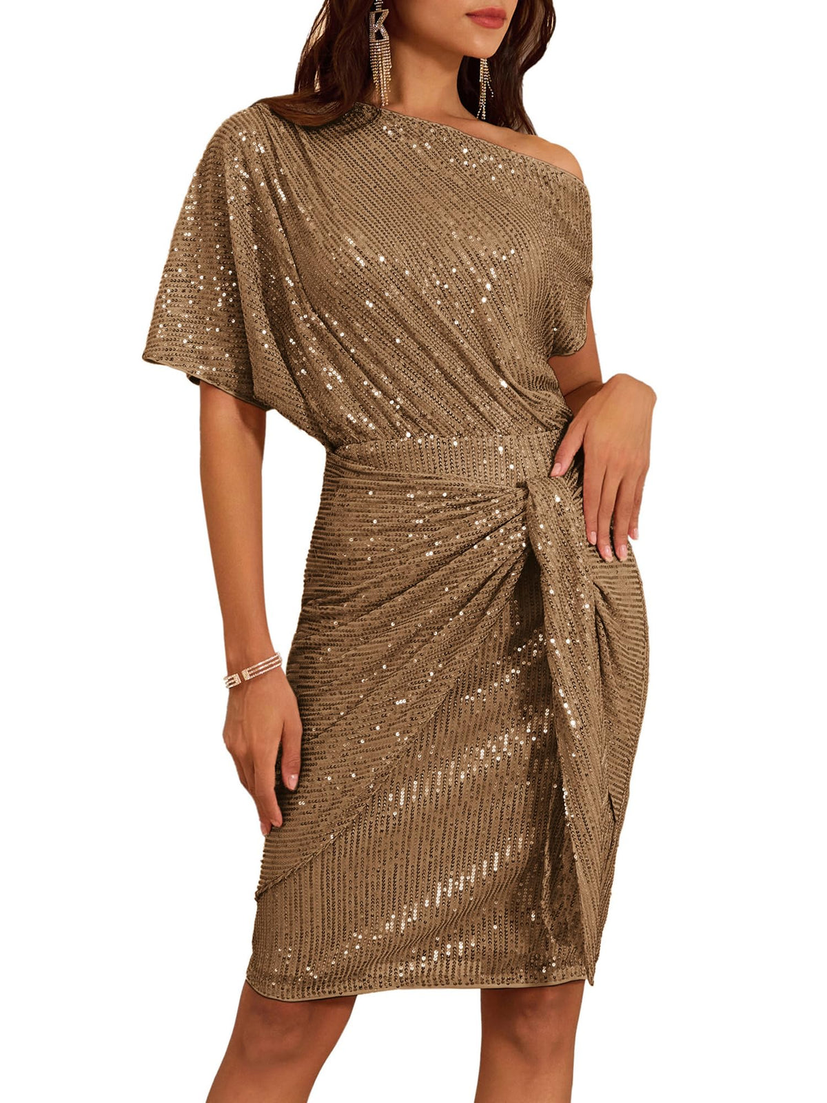 Women's Sequin Sparkly Glitter One Shoulder Ruched Bodycon Dress