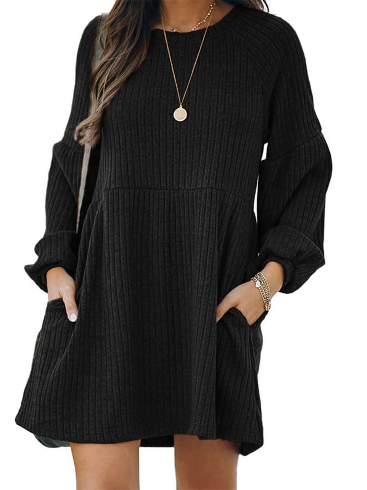 Textured Ribbed Pocket Bishop Sleeve Crewneck Dress