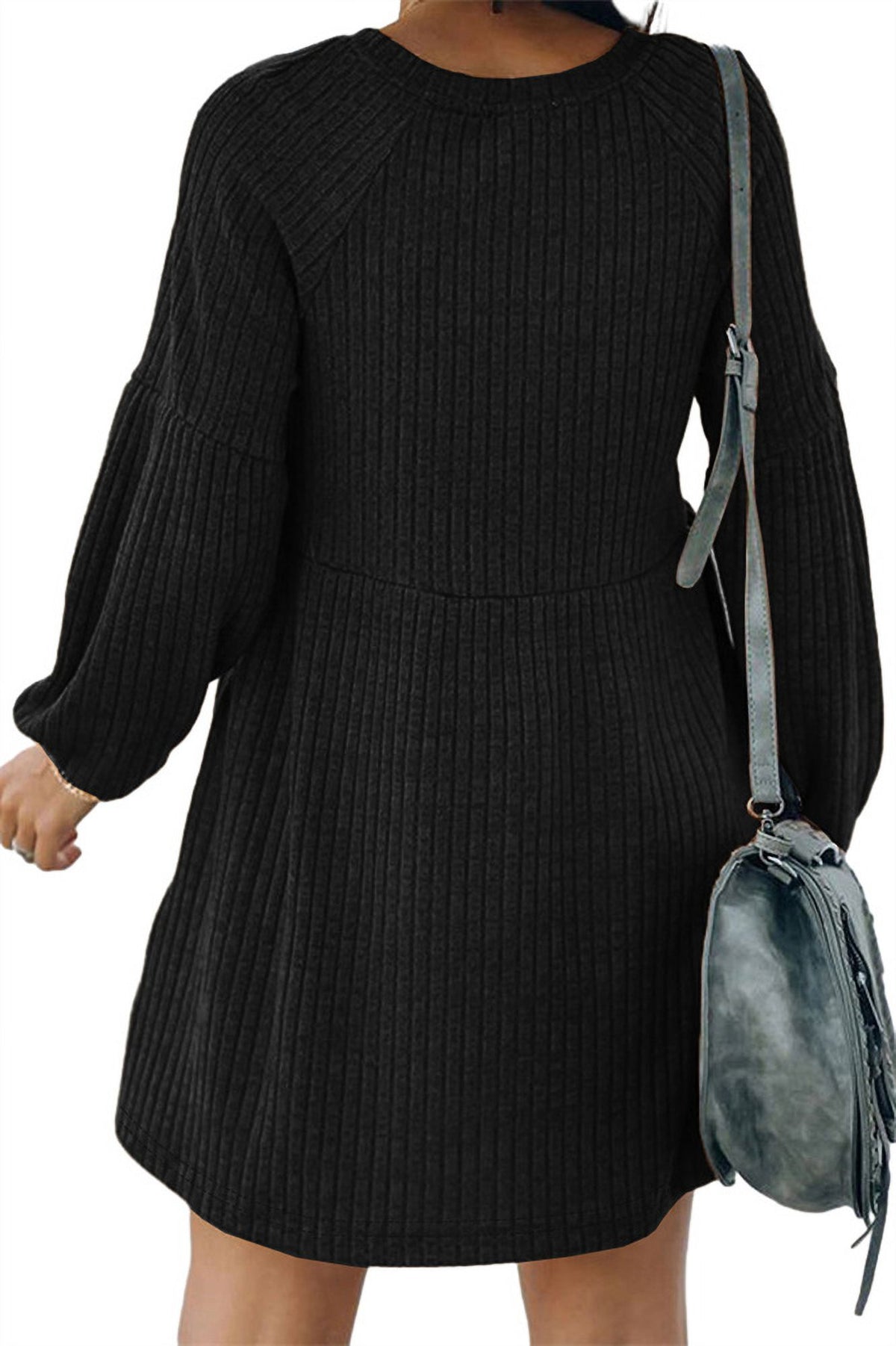 Textured Ribbed Pocket Bishop Sleeve Crewneck Dress