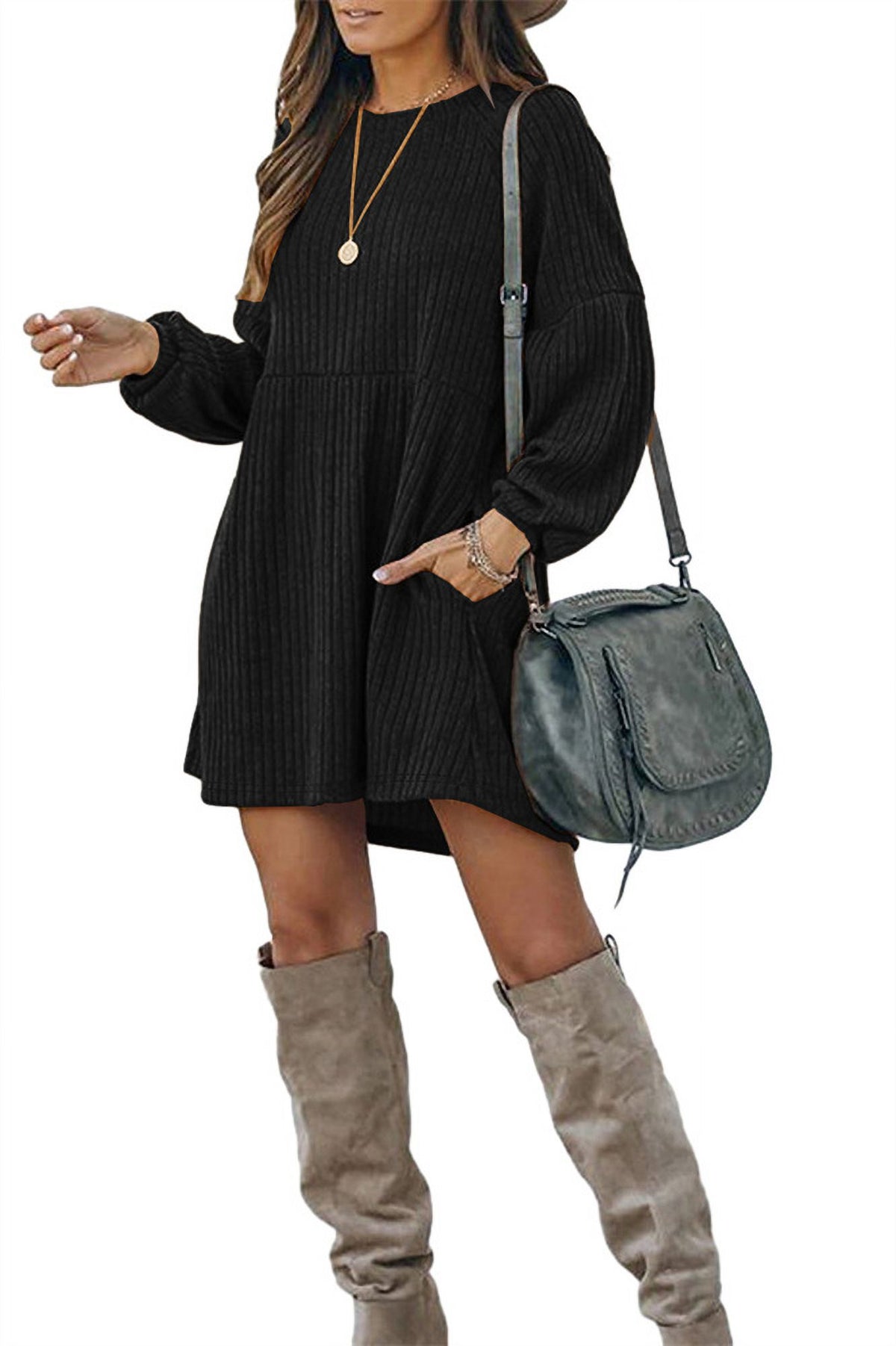 Textured Ribbed Pocket Bishop Sleeve Crewneck Dress