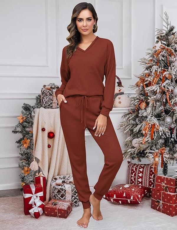 V Neck Waffle Knit Sleepwear Top and Pant Lounge Sets