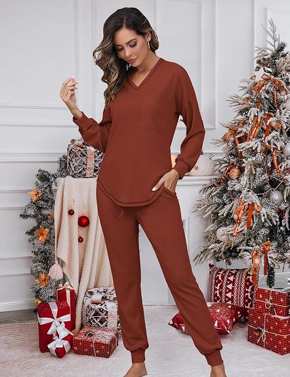 V Neck Waffle Knit Sleepwear Top and Pant Lounge Sets