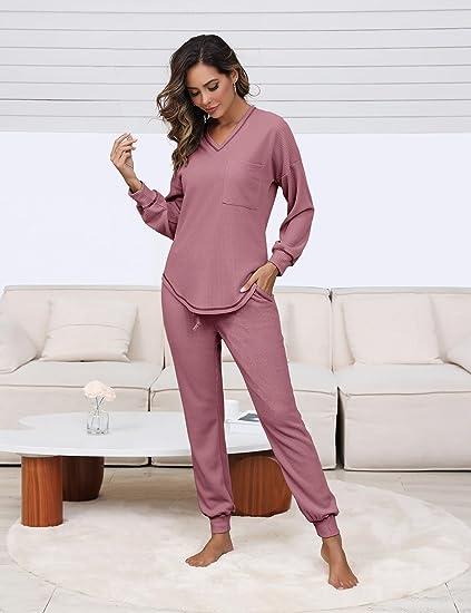 V Neck Waffle Knit Sleepwear Top and Pant Lounge Sets