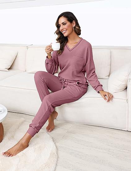 V Neck Waffle Knit Sleepwear Top and Pant Lounge Sets