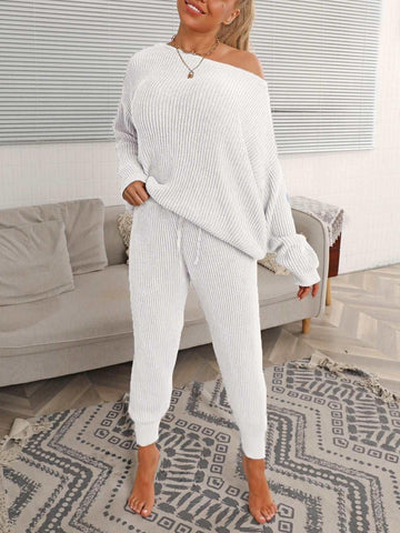 Womens Drop Shoulder Batwing Sleeve Sweater & Knit Pants Set