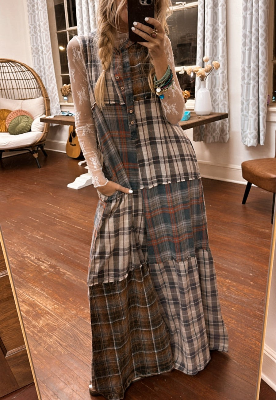 Extra Wide Leg Plaid Button Jumpsuit