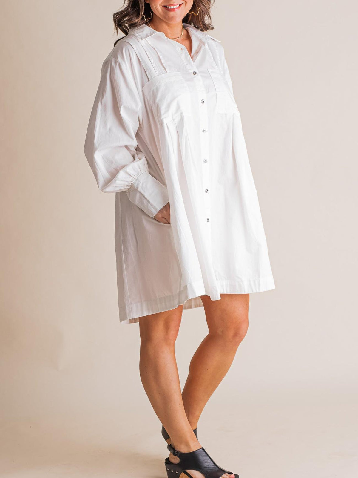 Women's Solid Button Pleated Shirt Dress