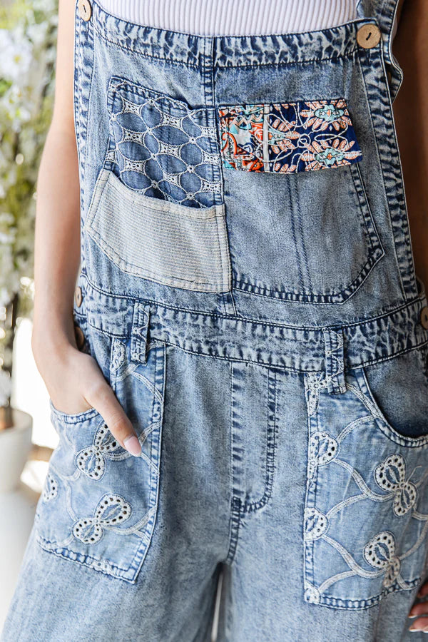 Washed Multi Patch Convertible Leg Denim Overalls