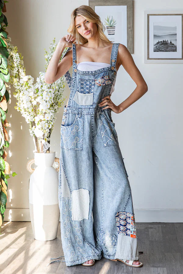 Washed Multi Patch Convertible Leg Denim Overalls