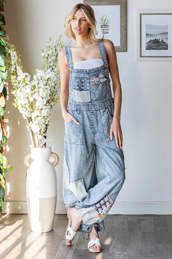 Washed Multi Patch Convertible Leg Denim Overalls