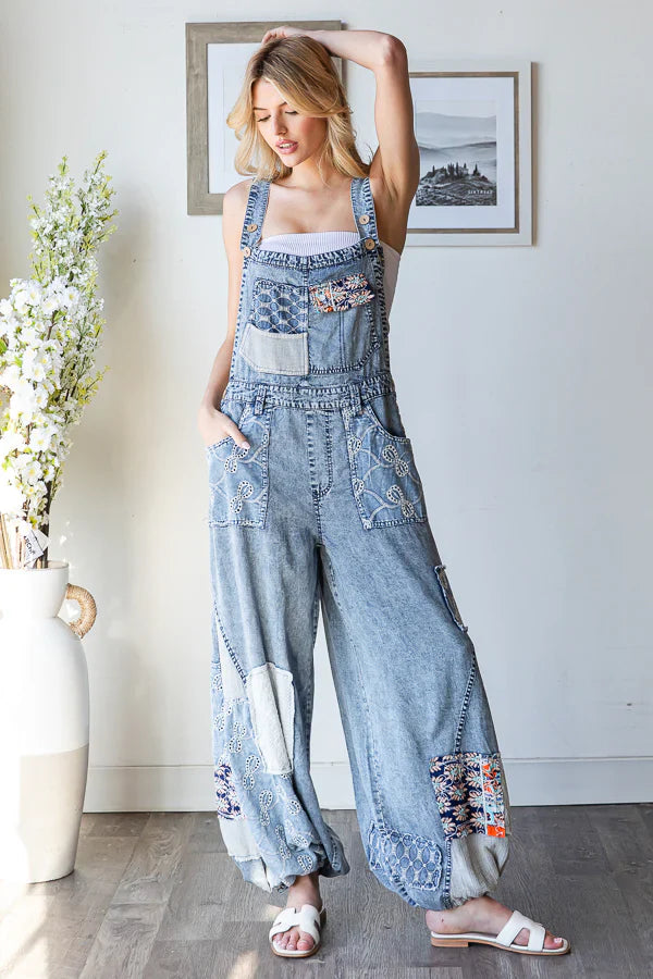 Washed Multi Patch Convertible Leg Denim Overalls