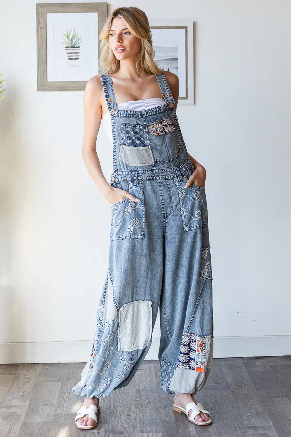 Washed Multi Patch Convertible Leg Denim Overalls