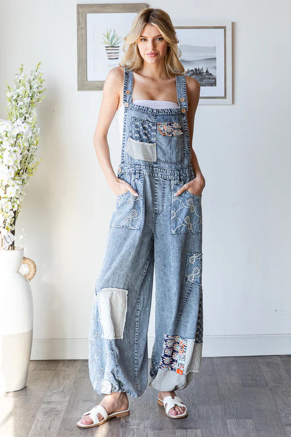 Washed Multi Patch Convertible Leg Denim Overalls