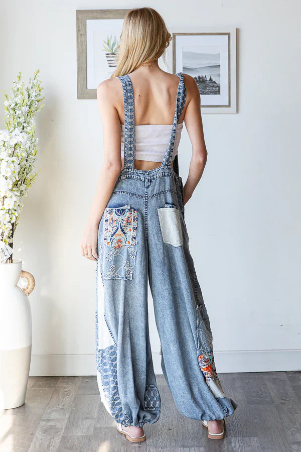 Washed Multi Patch Convertible Leg Denim Overalls