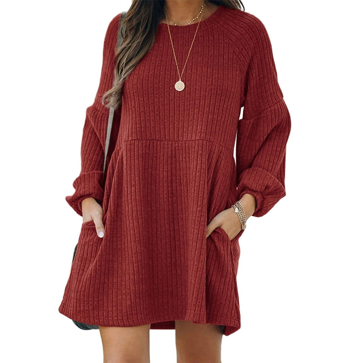 Textured Ribbed Pocket Bishop Sleeve Crewneck Dress