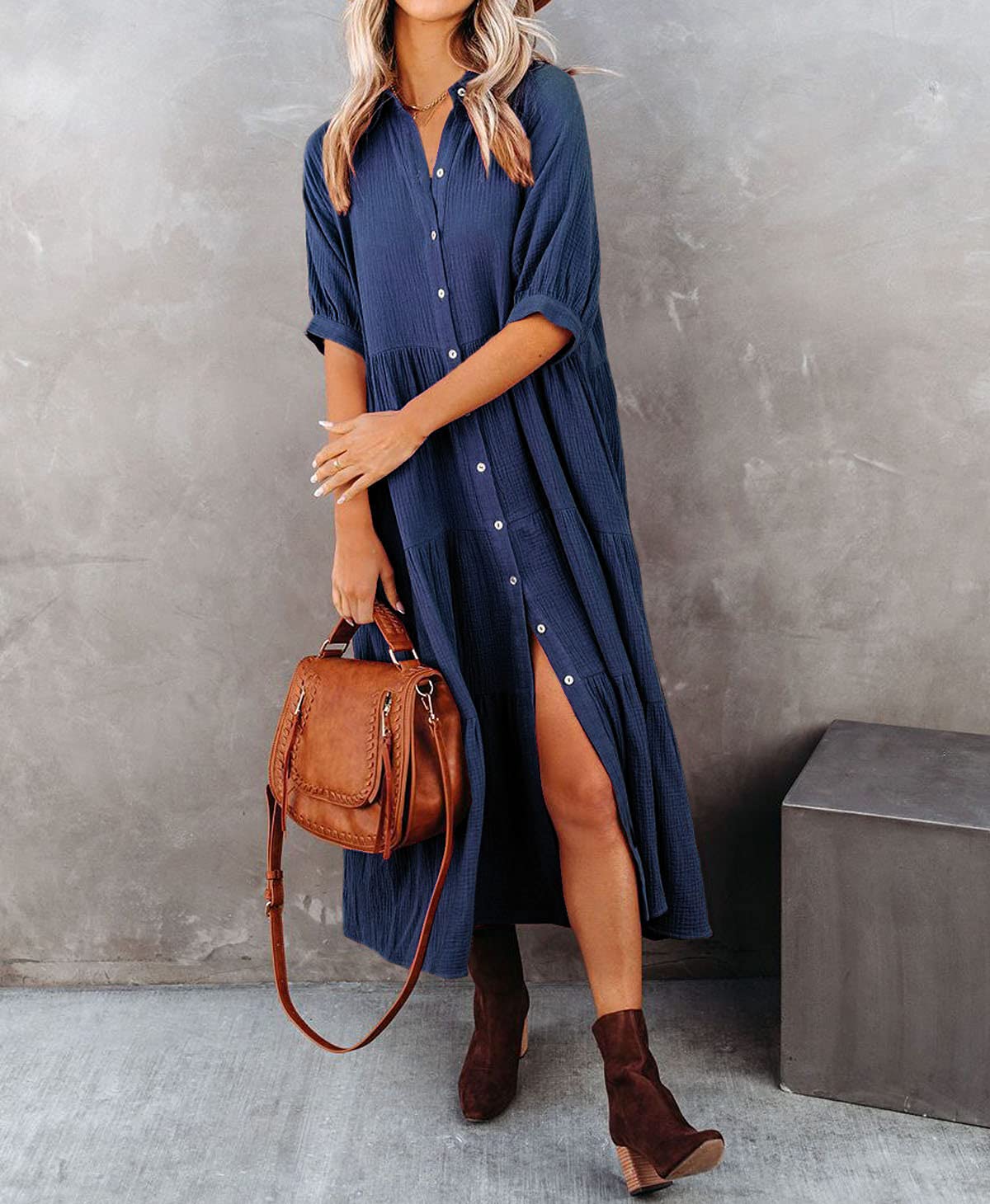 Women's Cotton Half Sleeves Midi Dress with Pockets