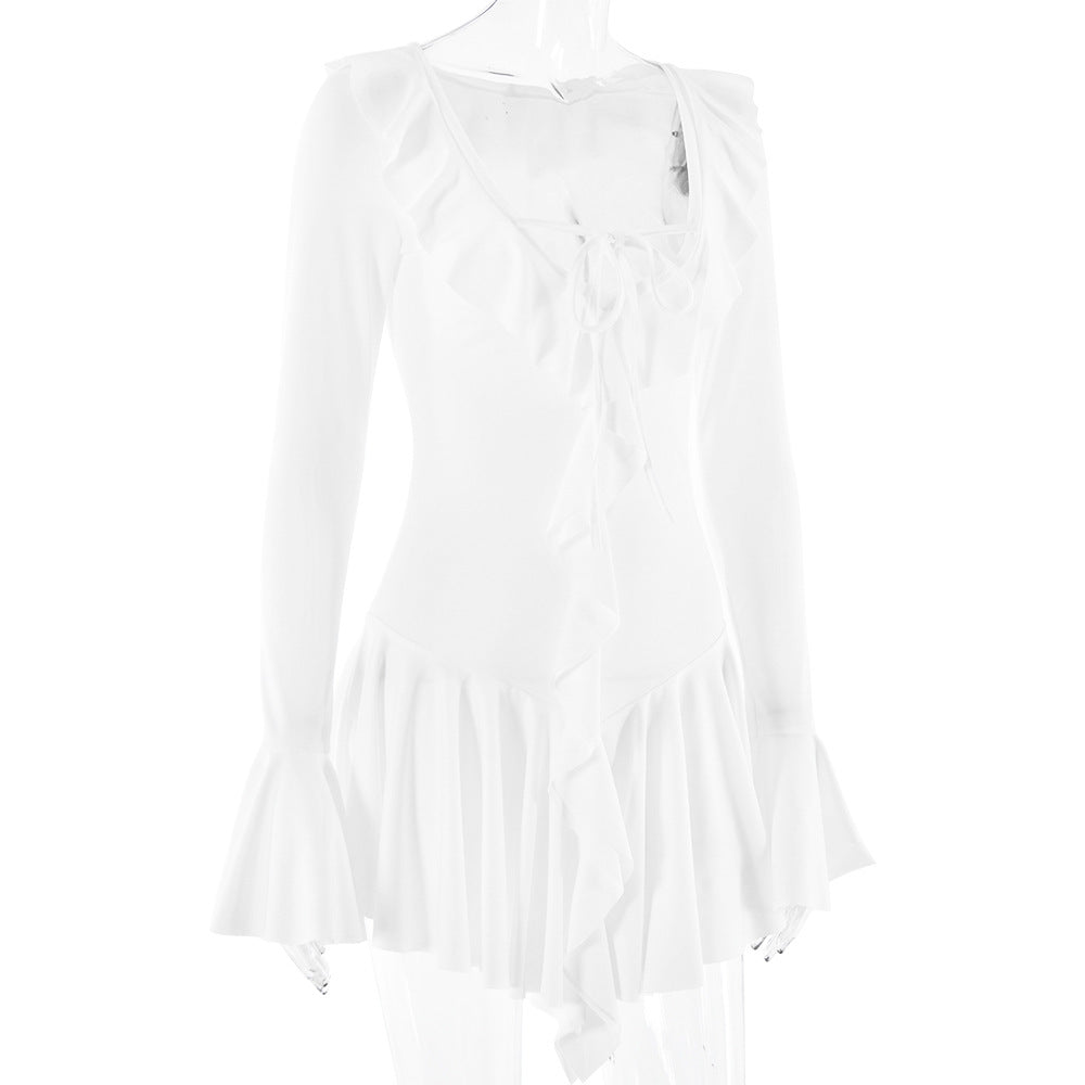 Deep V-Neck And Ruffled Flared Sleeves Mini Dress