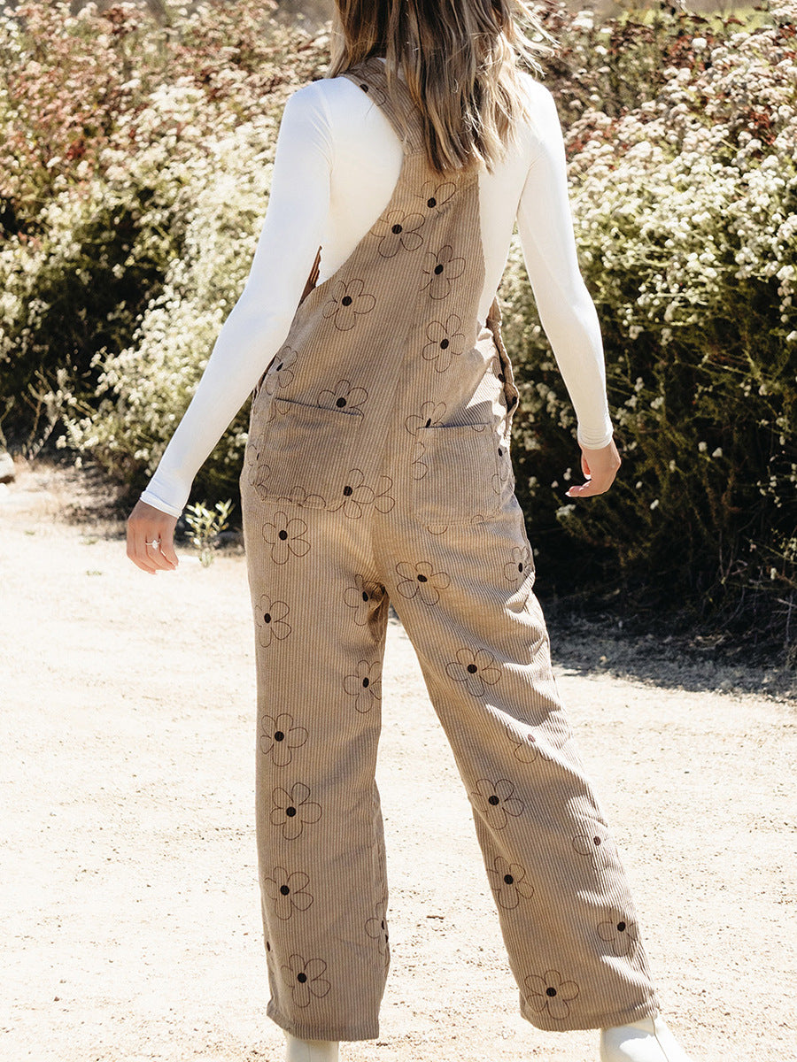 Khaki Flower Print Corduroy Overalls