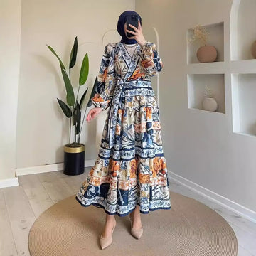 Printed V-neck tie waist long sleeve dress