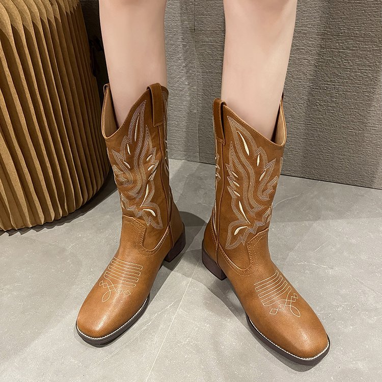 Cowgirl Boots for Women Mid Calf Wide Calf Embroidered Western Round Toe Cowboy Boots