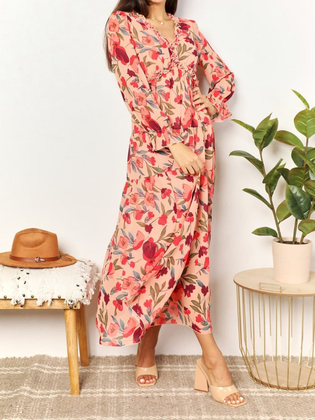 Women's Casual Boho Floral Printed V Neck Long Sleeve Dress