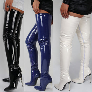 Women Pointed Toe Patent Leather Side Zipper Stiletto High Heel Over The Knee Boots