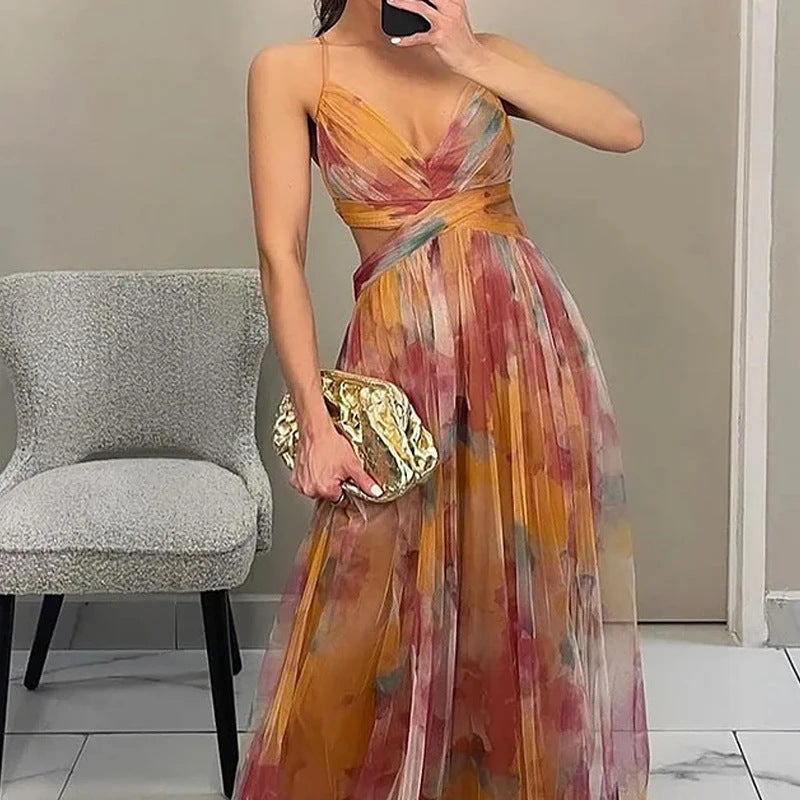 Elegant Painted Floral Print V-Neck A-Line Maxi Dress