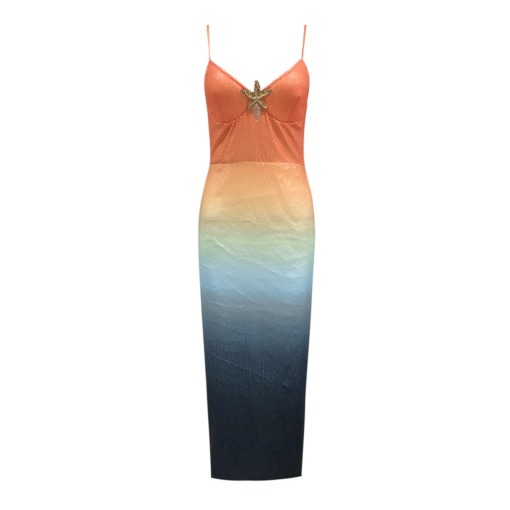 Sequin Unique Gradient Print Starfish Brooch Cutrout Slit Stretch Maxi Dress