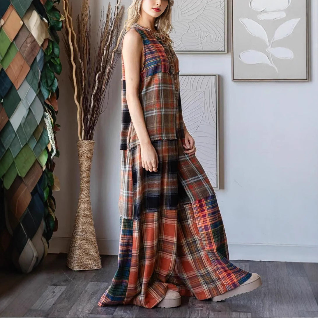 Extra Wide Leg Plaid Button Jumpsuit