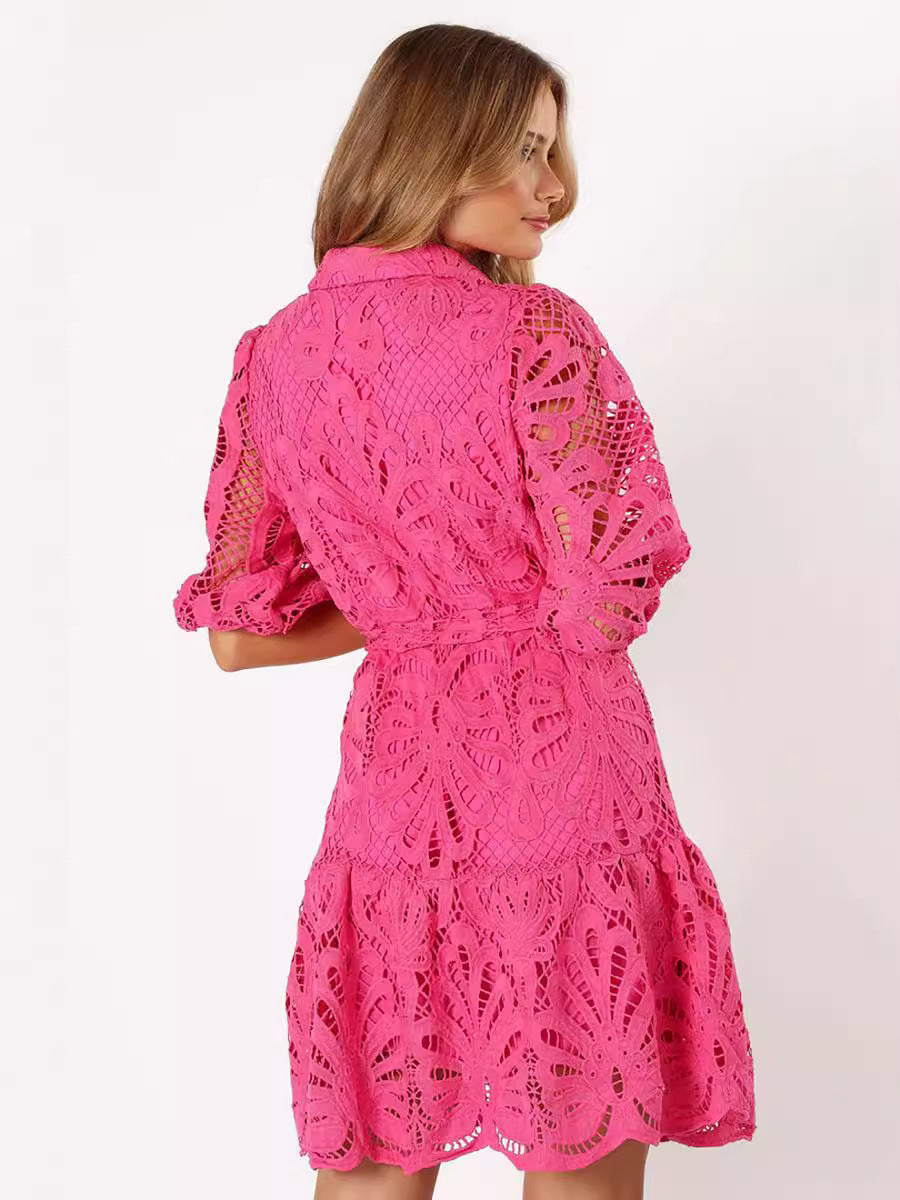 Solid Color Lace Cutout Balloon Sleeves and Waist Tie Mini Dress